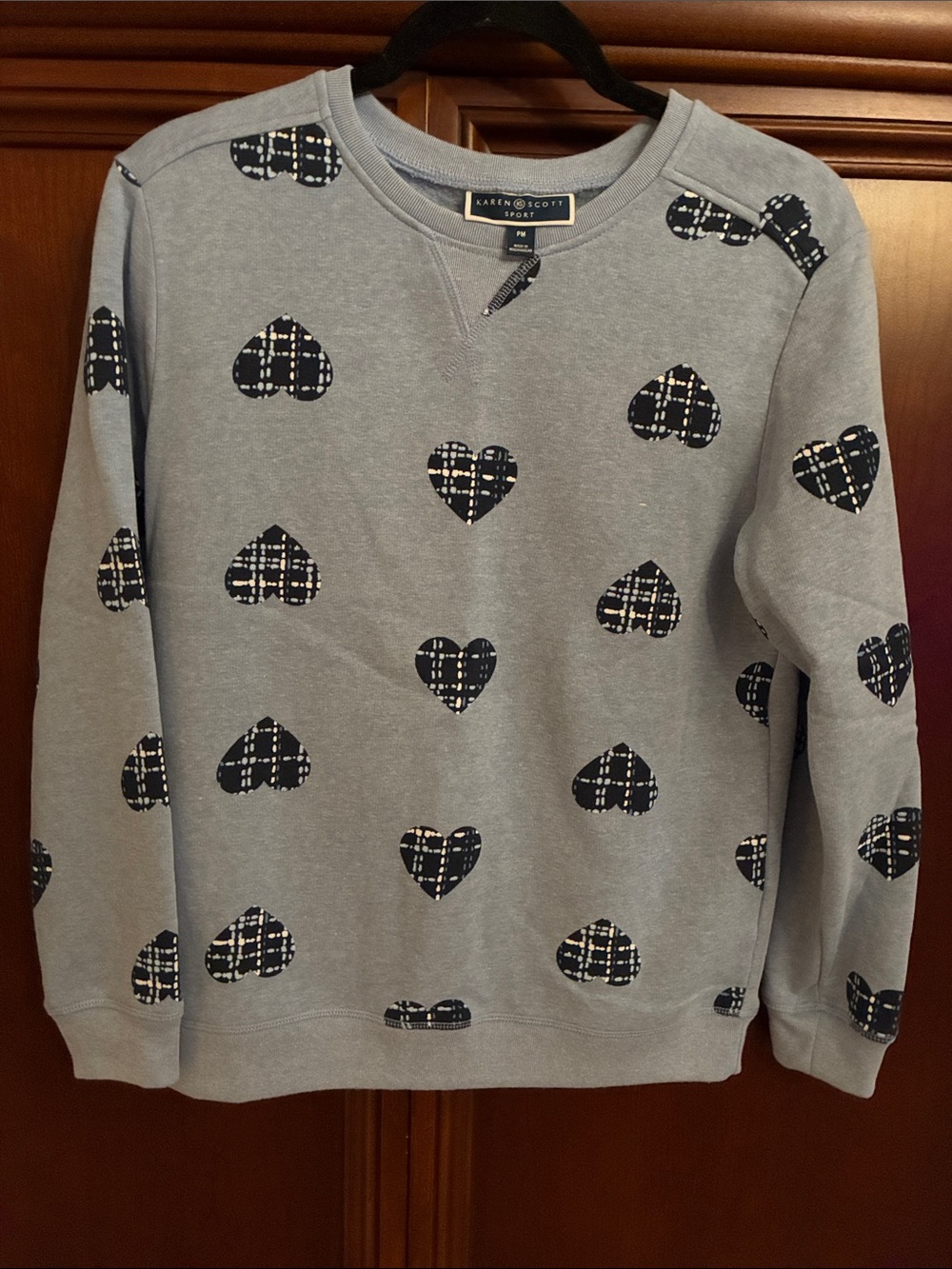 Karen Scott Light Gray Crewneck Sweater with Navy Plaid Heart Appliqués